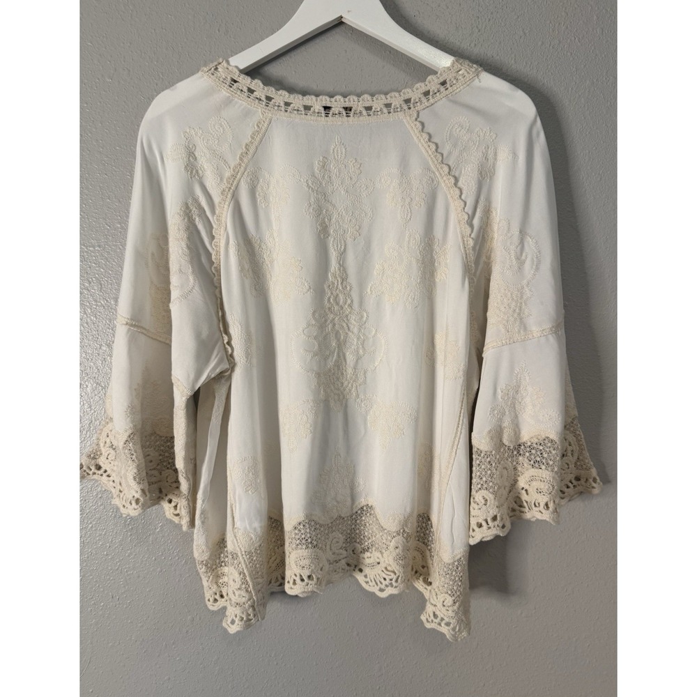 Democracy Embroidered Rayon Boho Peasant Top Crochet Lace Bell Sleeve L - Picture 5 of 10